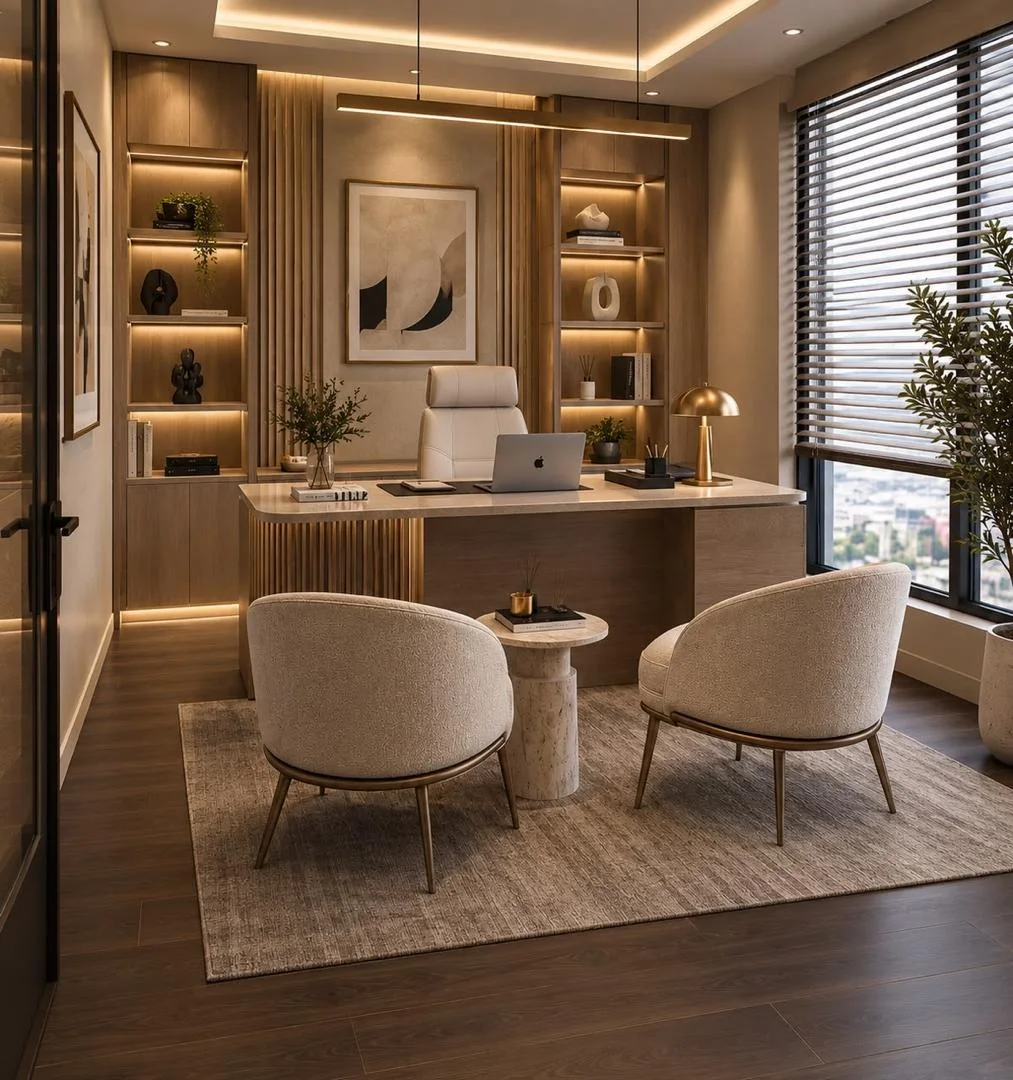 Home office with lit built-in shelving, timber desk, lounge chairs and city-view window