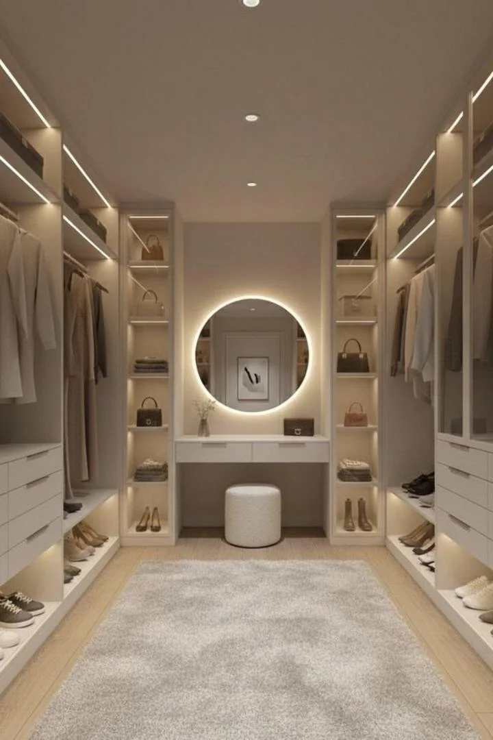 Walk-in closet with open lit shelving, hanging rails, round backlit mirror and vanity