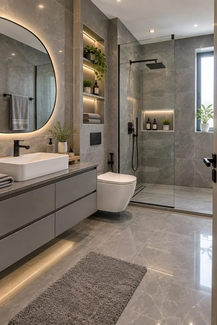 Bathroom with floating vanity, backlit mirror, wall-hung toilet and glass walk-in shower