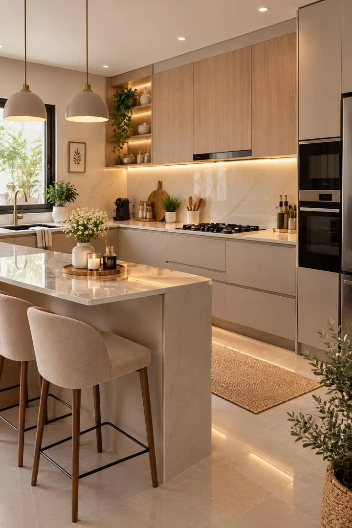 Light oak and cream kitchen with breakfast counter, pendant lights, built-in ovens and under-cabinet lighting