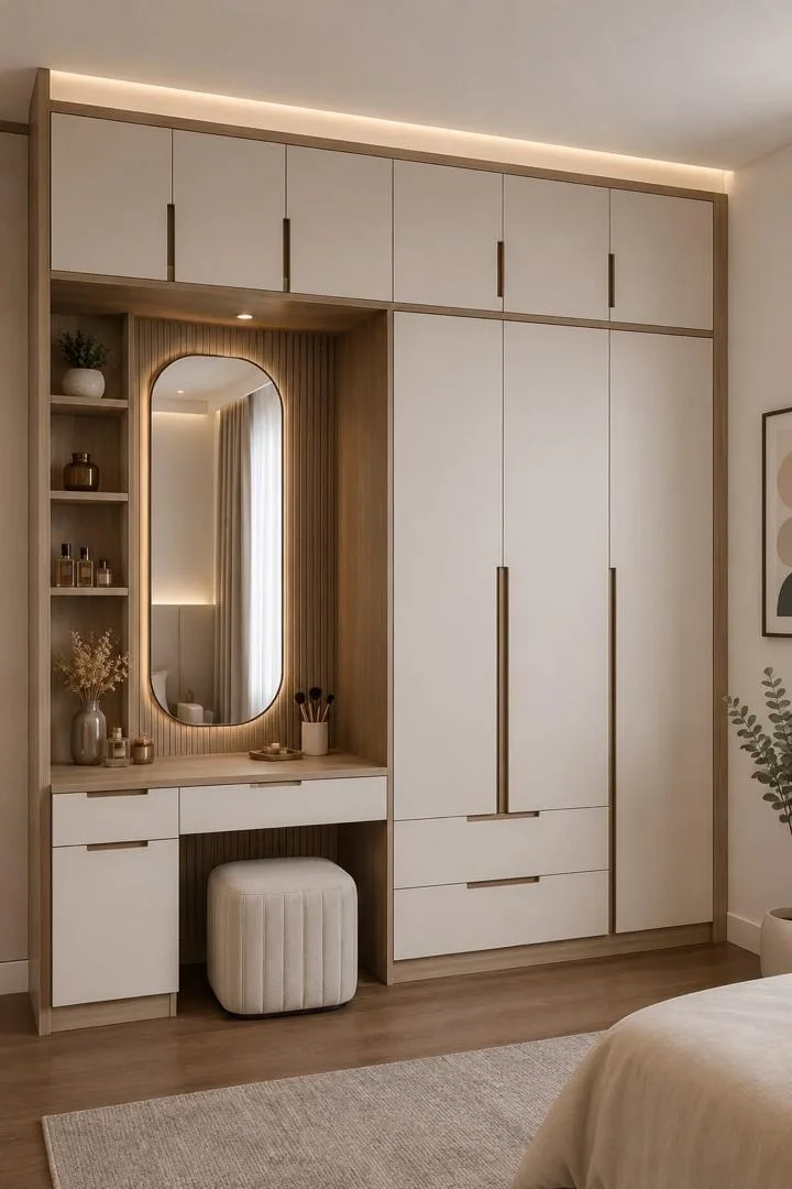 Built-in white and oak wardrobe with integrated dressing table and arched lit mirror