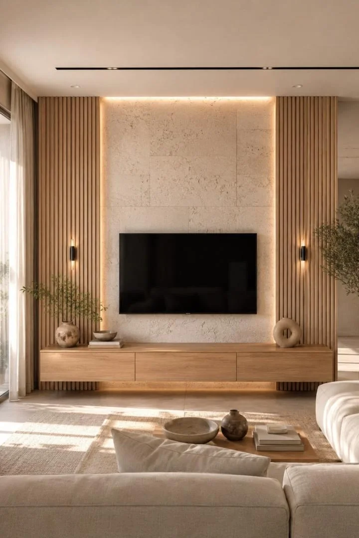 Lounge with stone-effect TV feature wall framed by wooden slats and a floating timber console