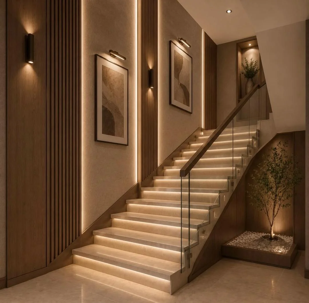 Staircase with glass balustrade, lit treads, timber slat wall and an indoor planter