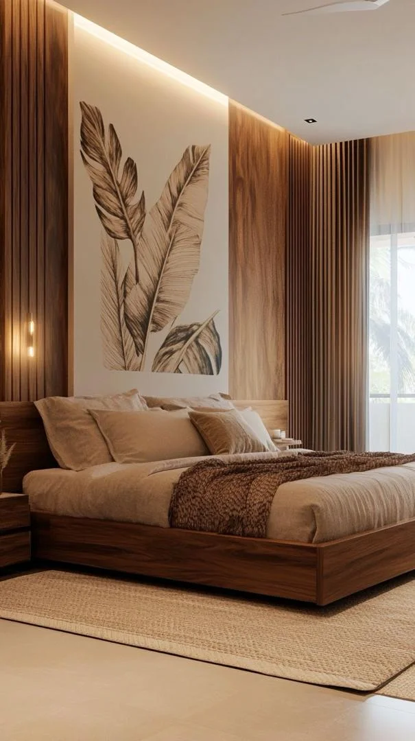 Bedroom with walnut platform bed, feather mural feature wall and warm vertical lighting