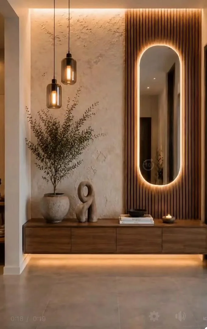 Entryway with floating console, backlit oval mirror on timber slats and pendant lights