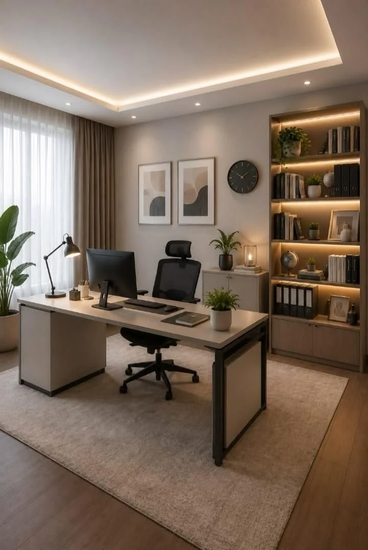 Study with white desk, ergonomic chair, lit bookshelves and a cove ceiling
