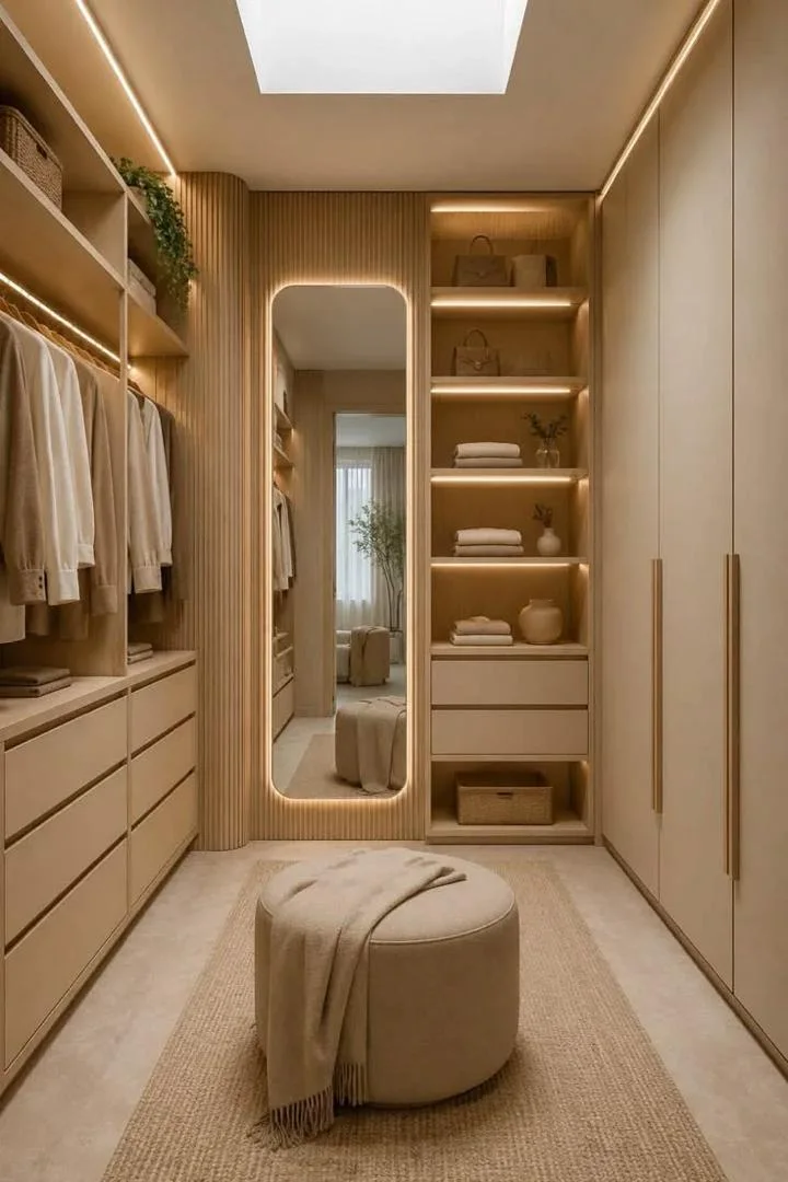 Narrow walk-in wardrobe with full-length lit mirror, drawers, shelving and a skylight