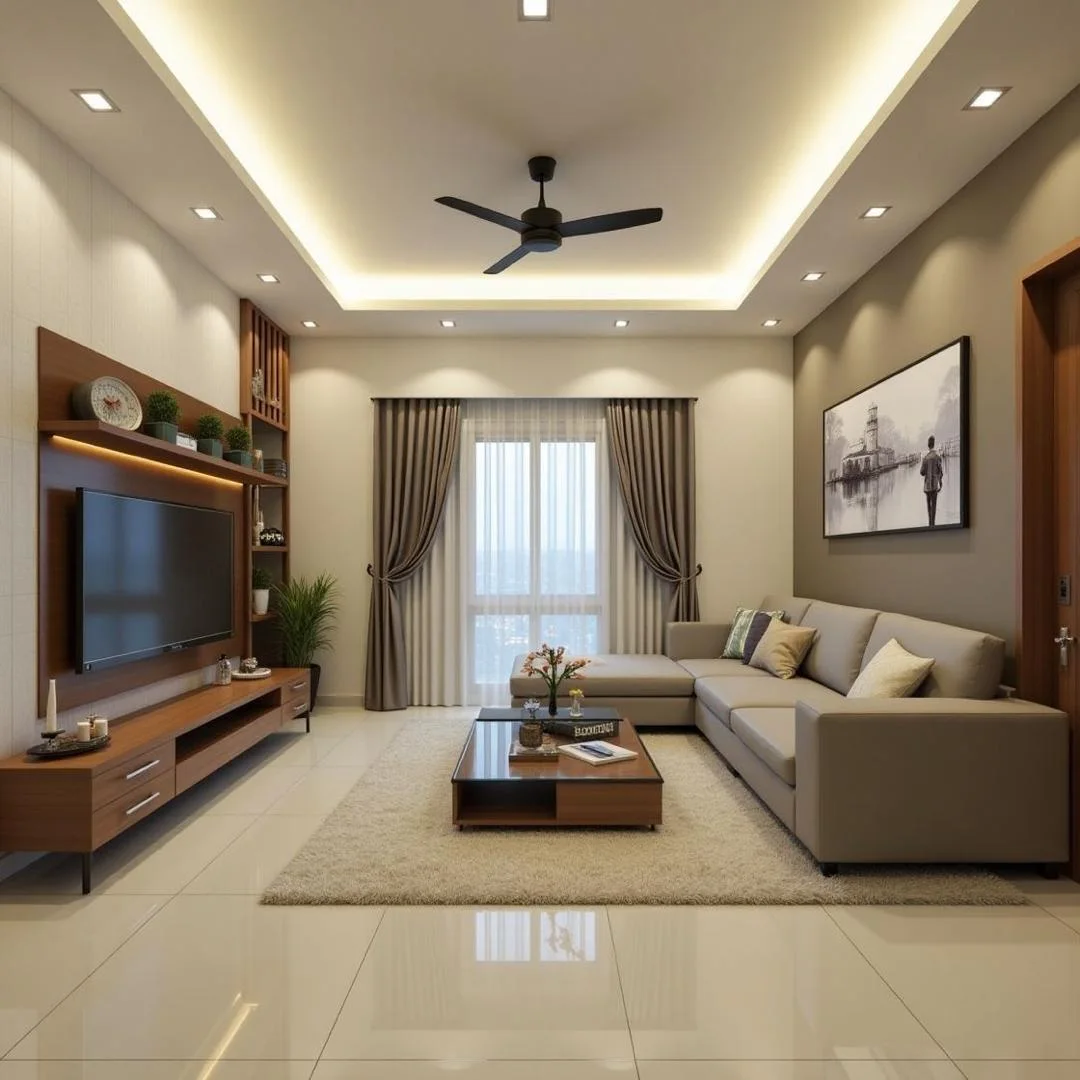 Living room with built-in TV wall unit, L-shaped sofa, coffee table and a lit tray ceiling