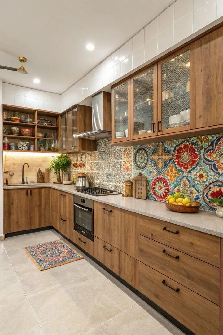 L-shaped timber kitchen with glass-fronted wall cabinets and a colourful patterned tile splashback